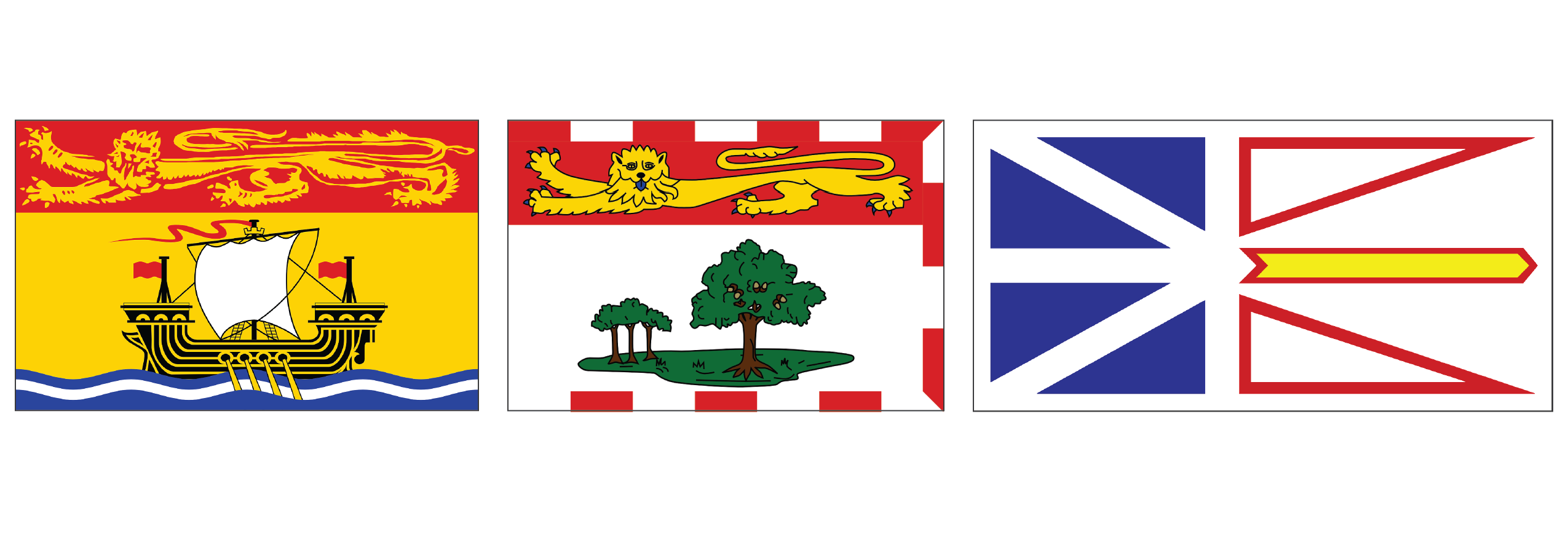 Provincial flags of New Brunswick, Prince Edward Island, and Newfoundland and Labrador
